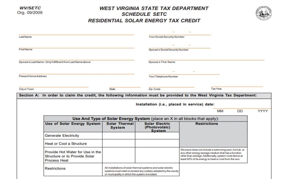 Screenshot of West Virginia Residential Solar Energy tax credit form.